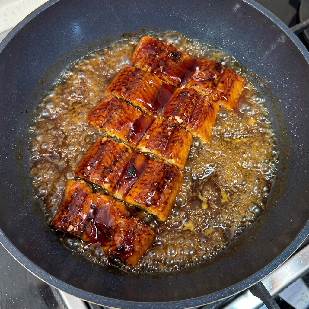 卵とご飯を盛った丼の上に温かいうなぎの切り身を並べ、上からタレをかけている様子。