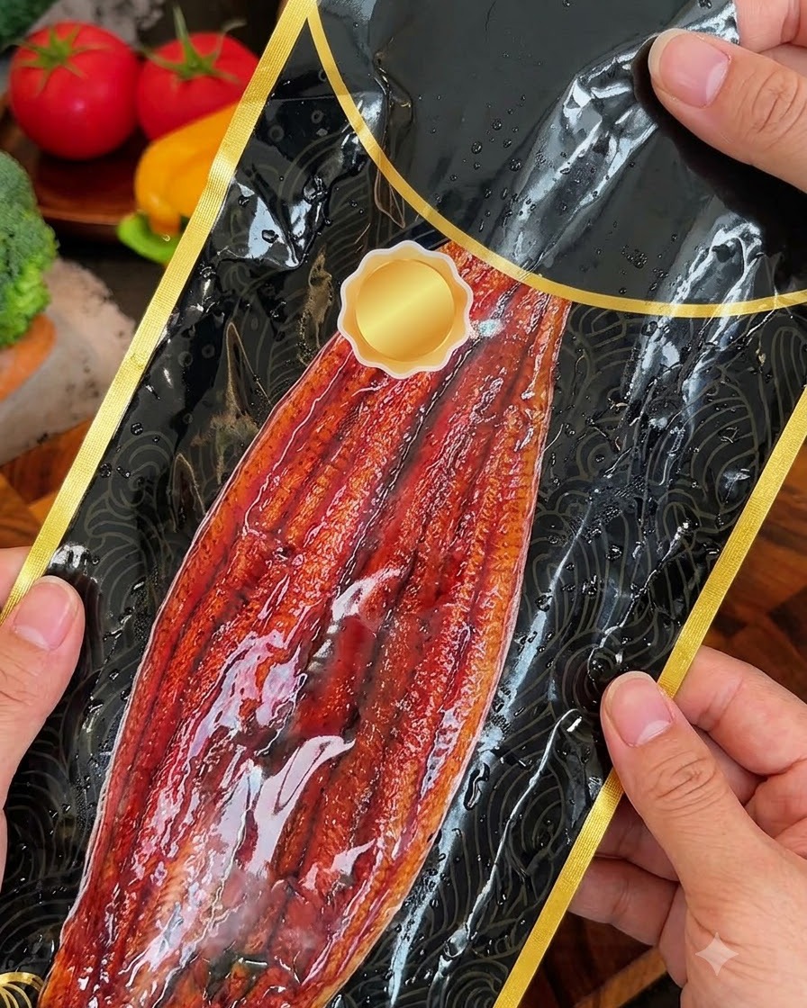 パッケージから取り出したうなぎの蒲焼きを、まな板の上でキッチンバサミで切っている様子。