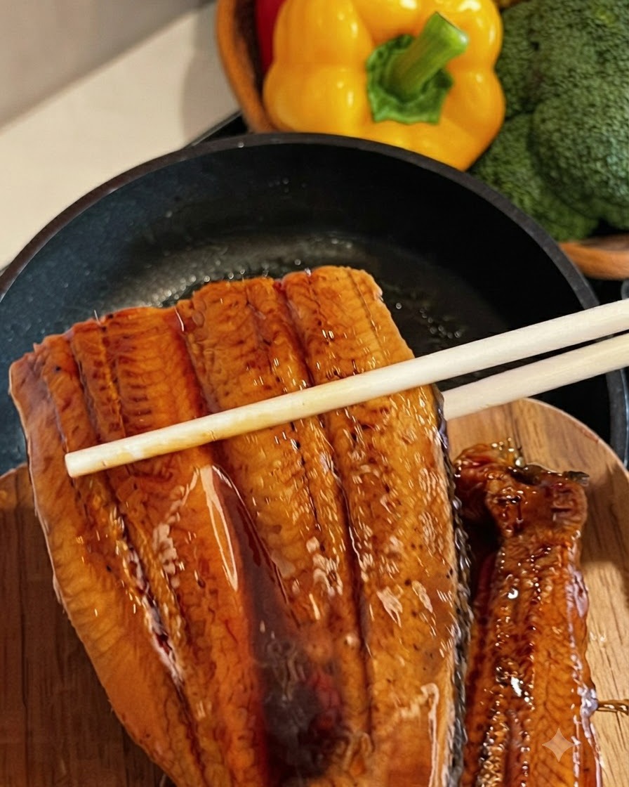 濃厚なタレの中で、うなぎの蒲焼きの切り身が煮込まれている様子。