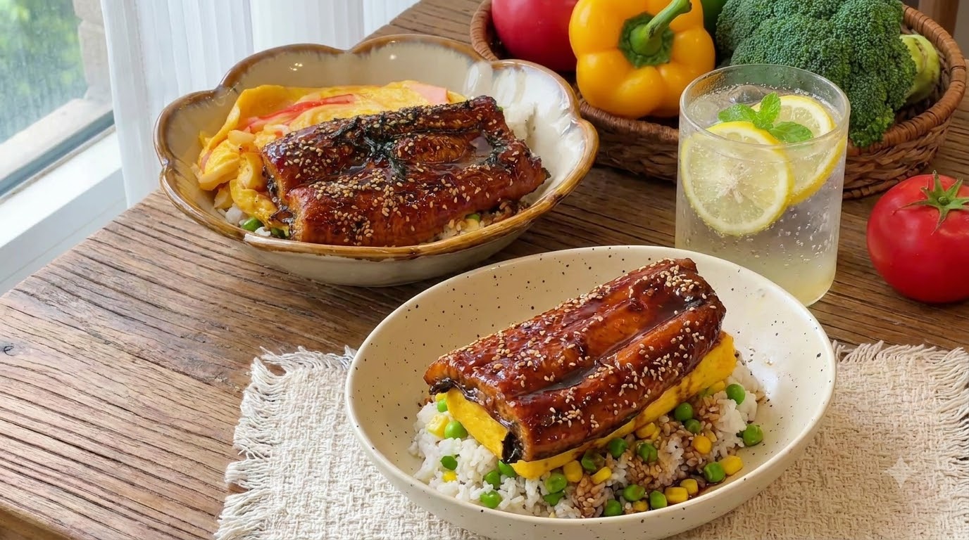 とうもろこしと枝豆の炊き込みご飯に、カニカマ入り卵焼きと甘辛蒲焼うなぎをのせたどんぶり