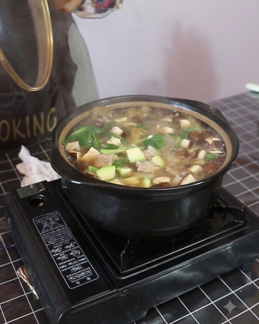 一勺调味料正被撒入咕嘟冒泡的黑色炖锅中。