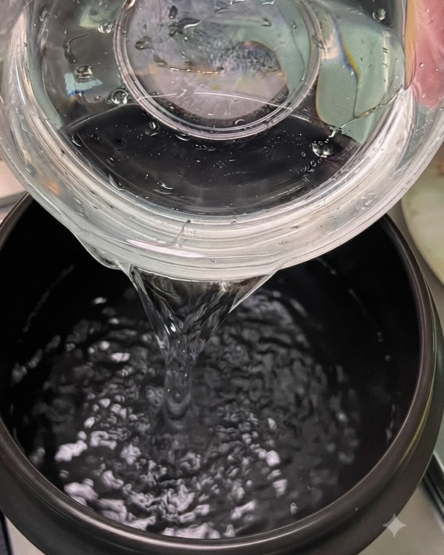 キッチンのコンロに置かれた黒い土鍋に、きれいな水が注がれている様子。