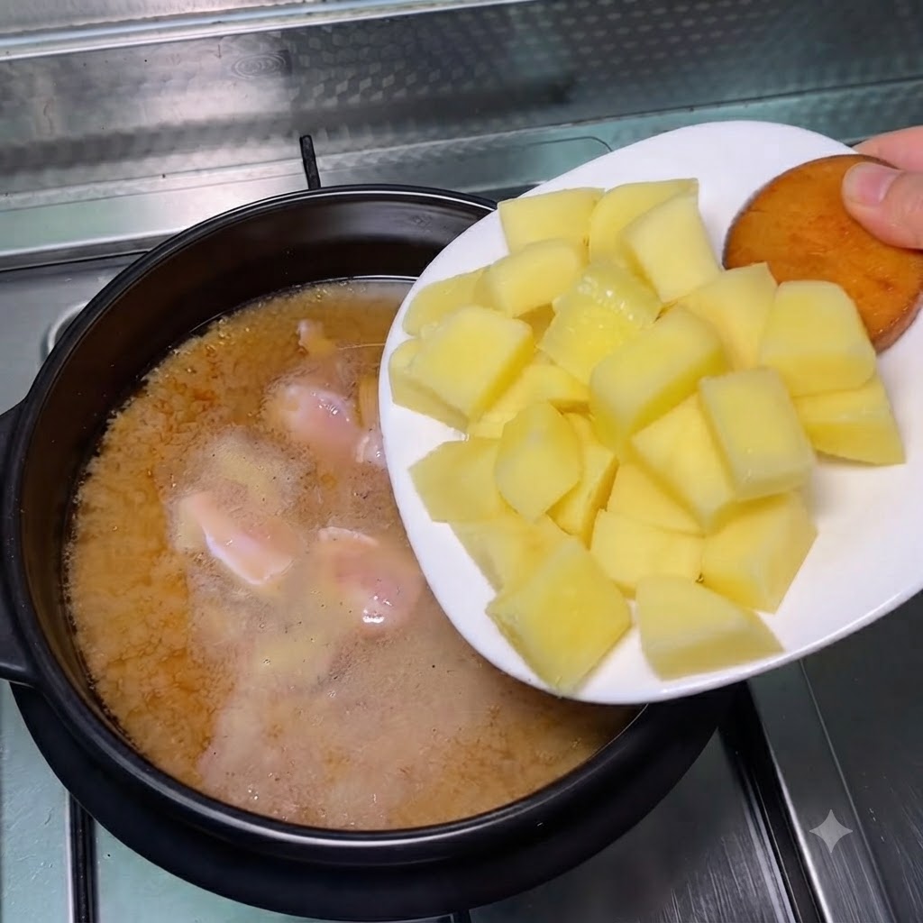 白い皿から角切りの黄色いジャガイモを熱いスープの鍋に滑り込ませている様子。