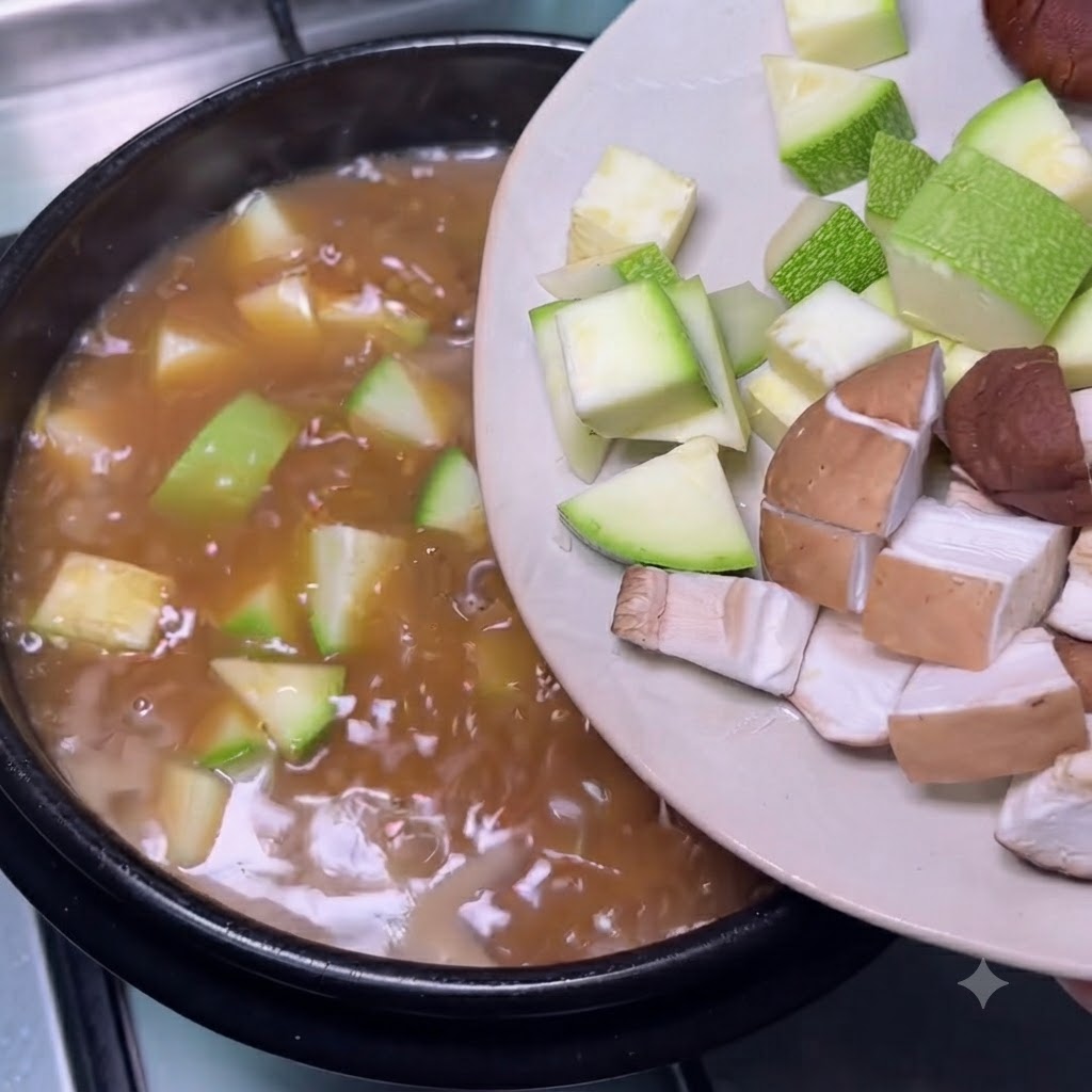 刻んだ緑色のズッキーニと茶色いキノコが乗った皿から、チゲに食材が加えられている様子。