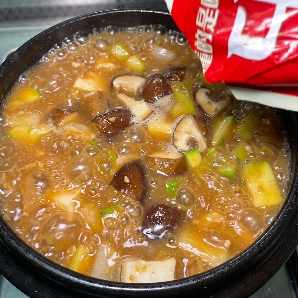 韓国味噌チゲで満たされた沸騰中の土鍋に、赤い調味料のパッケージから粉末が振りかけられている様子。