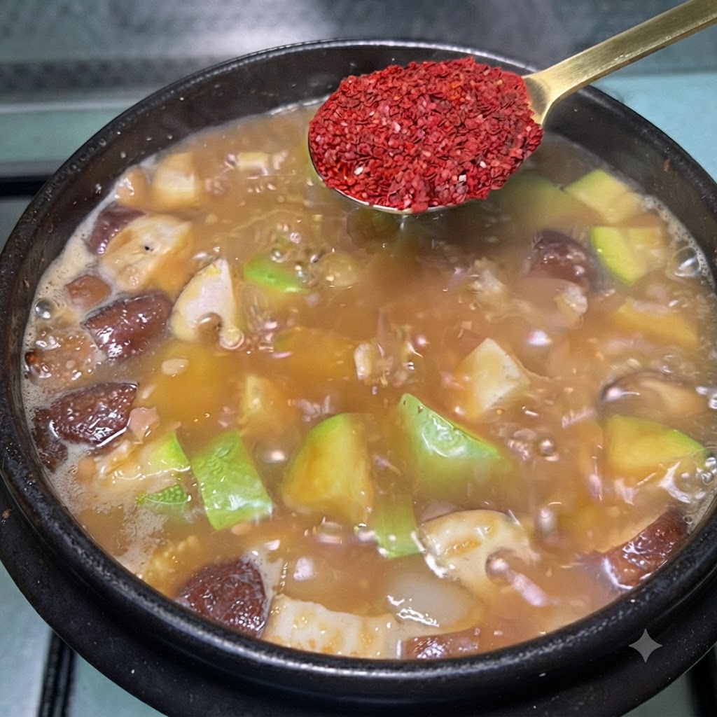韓国味噌チゲの煮立つ鍋の上で、鮮やかな赤い粉唐辛子が入ったゴールドのスプーンが持たれている様子。