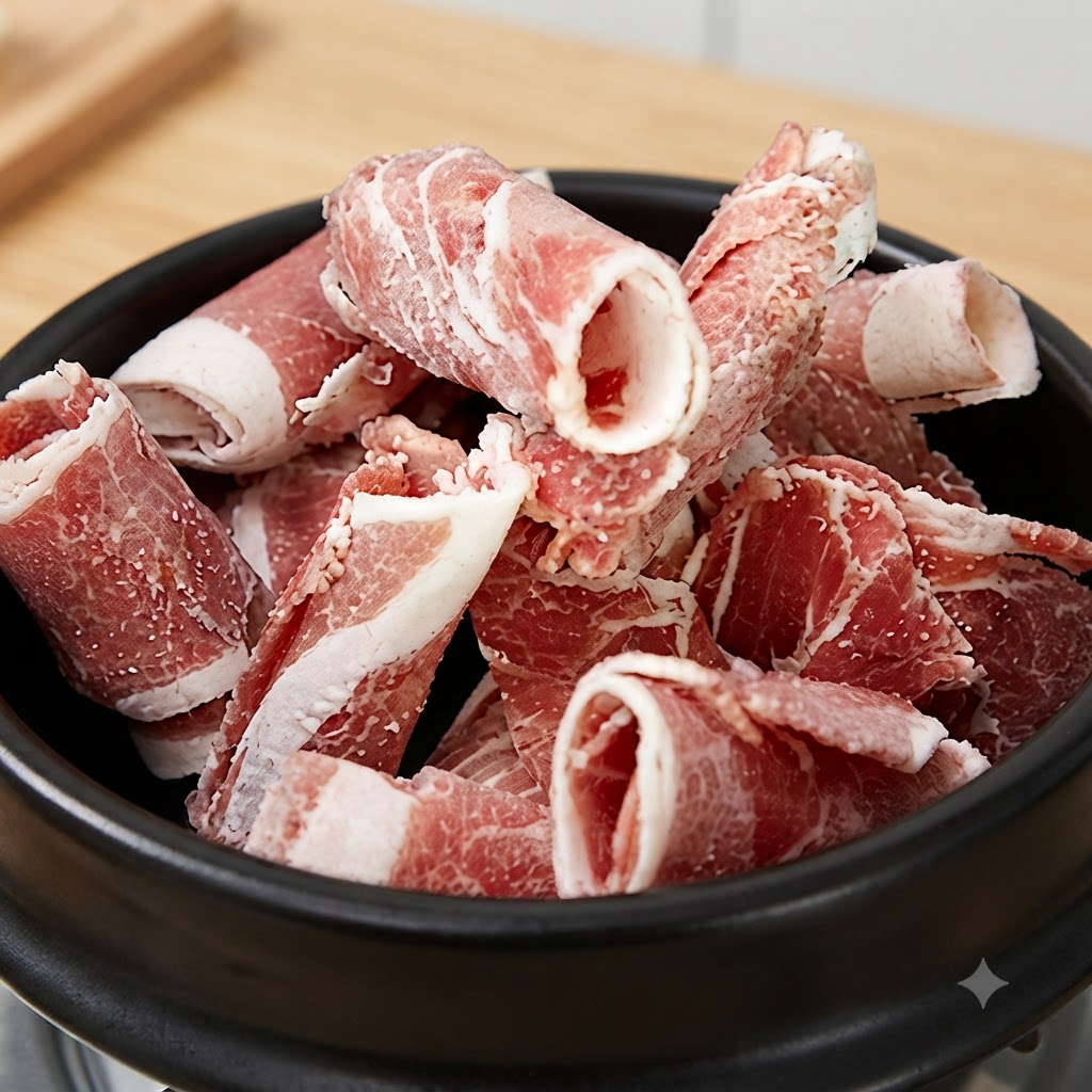 油をひいていない黒い伝統的な土鍋の中で、薄切りの牛バラ肉を炒めている様子。