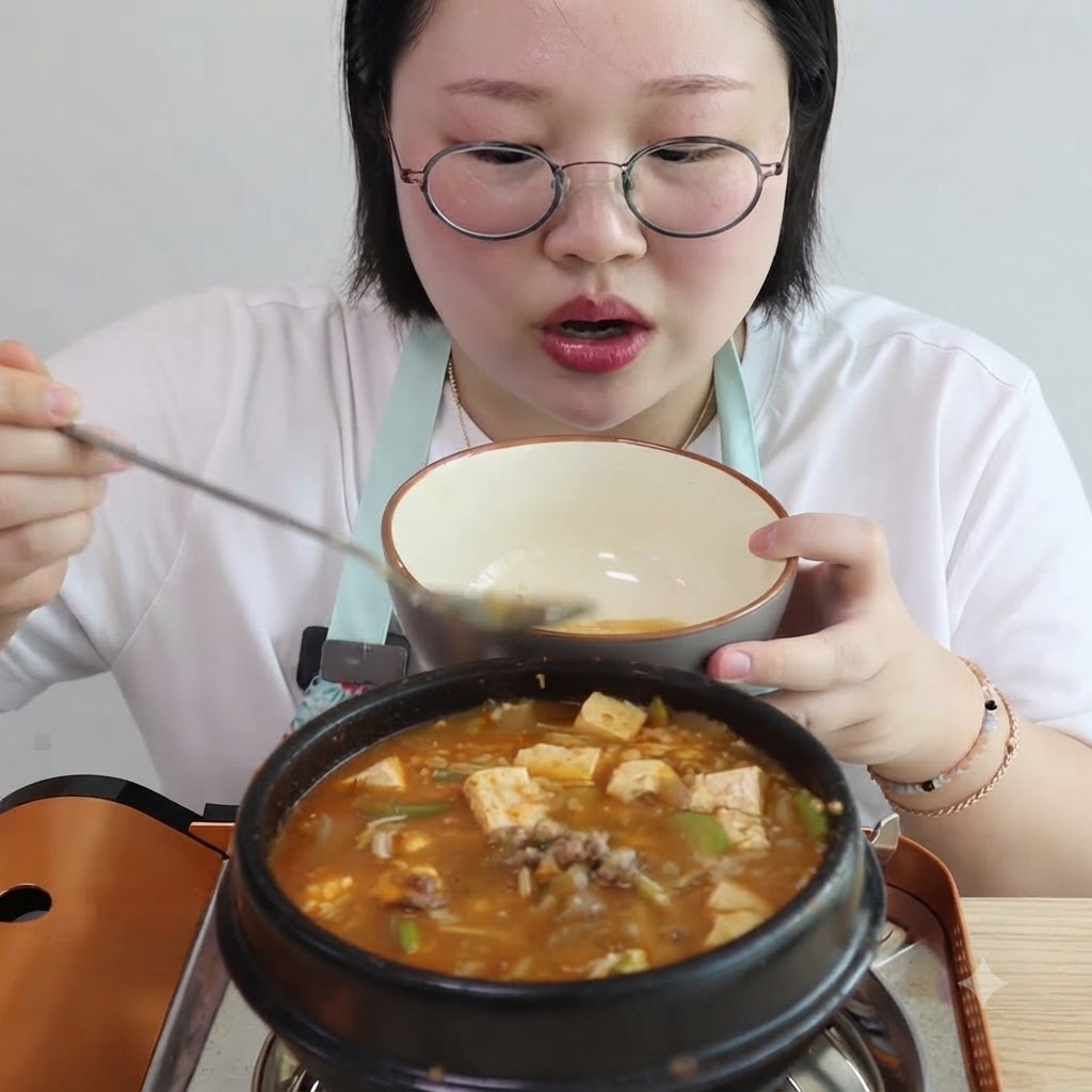 グツグツと煮立つ韓国式テンジャンチゲの鍋の中で、豆腐のサイコロとえのき茸が煮込まれている様子。