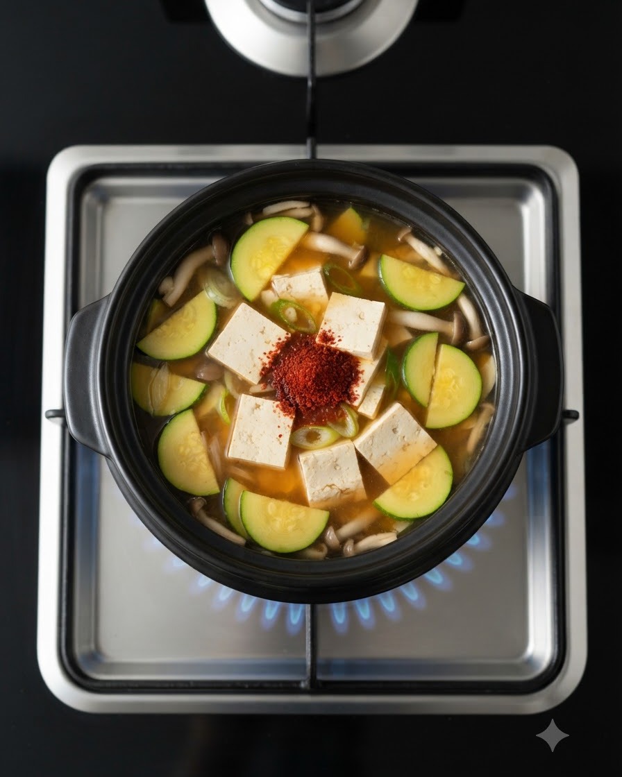 煮立っている黒い鍋の中の、豆腐と野菜の上に山盛りにされた赤いチリパウダー。