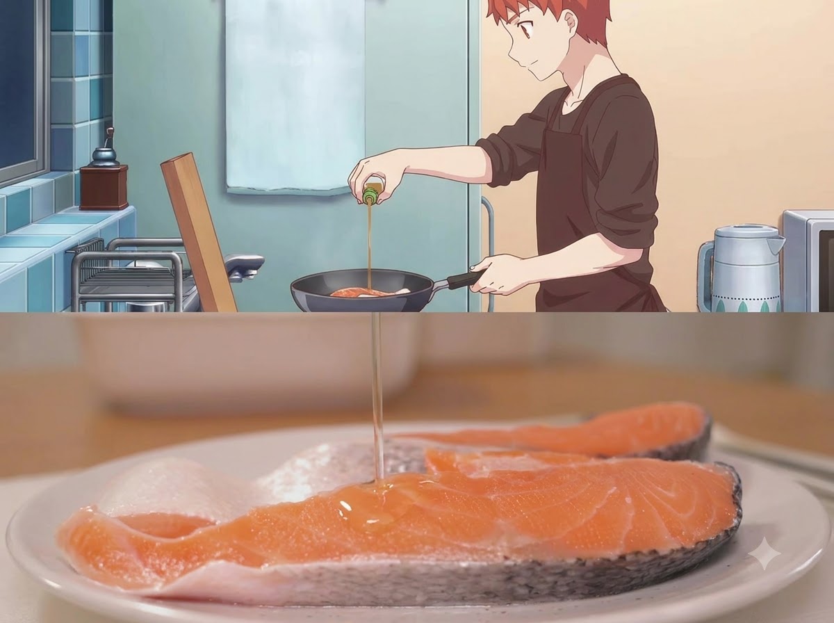 お皿に並べられた生の鮭の切り身に、小さなボトルから料理酒が直接注がれている様子。