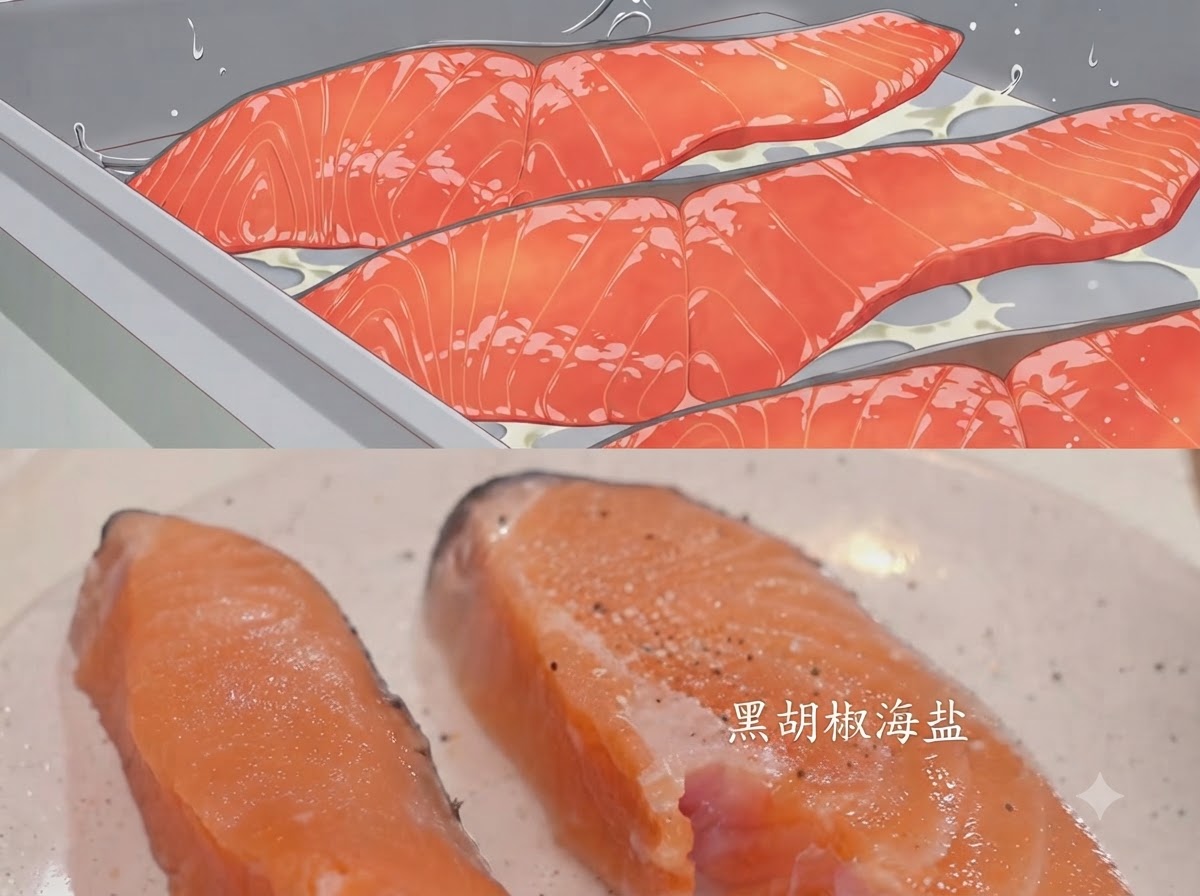 白い皿の上の生鮭の切り身に、黒こしょうと塩の粒が振りかけられているところ。