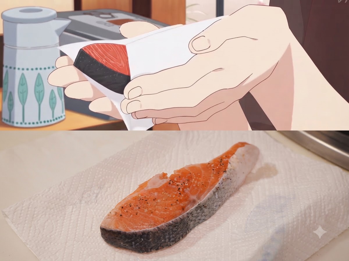 白いキッチンペーパーを使って、味付けされた鮭の切り身の水分を丁寧に拭き取っているところ。