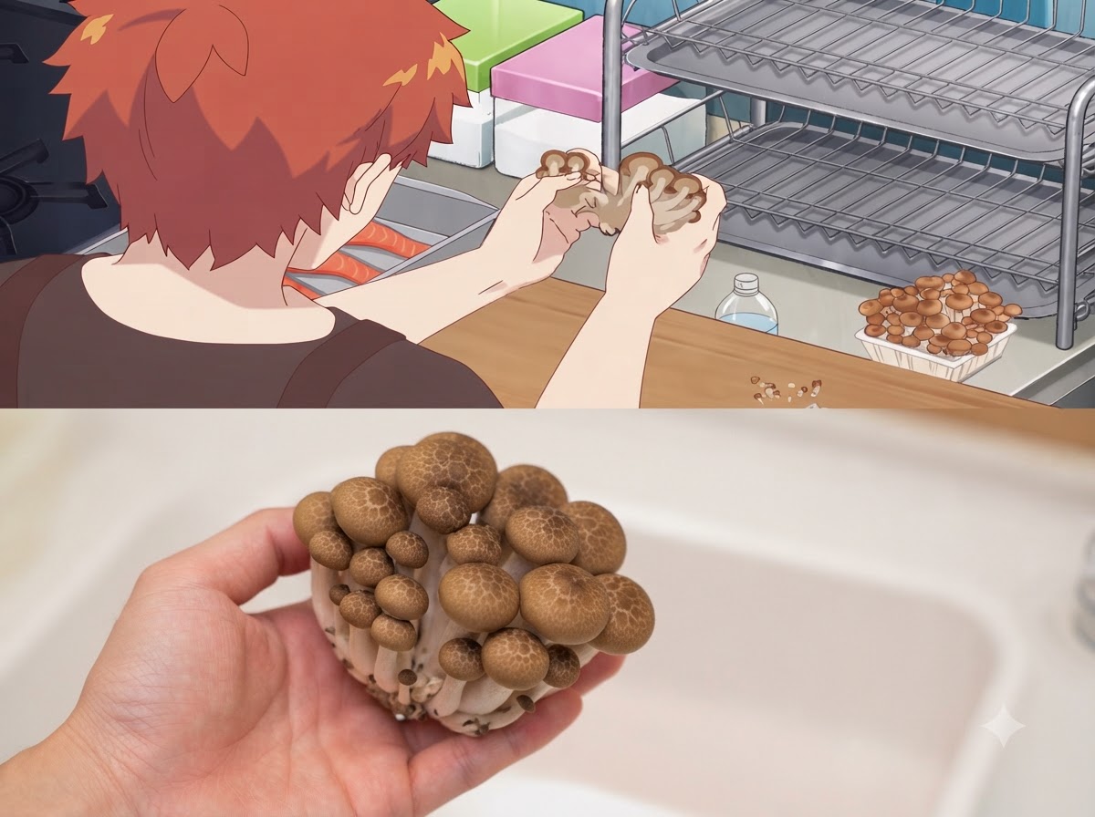 手でしめじの株を小さな房に分けているところ。
