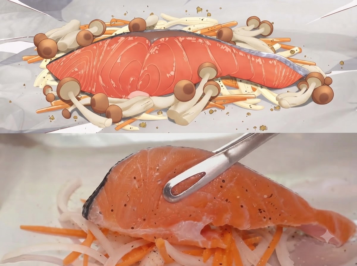 野菜の土台の上に、生の鮭の切り身としめじが並べられているところ。
