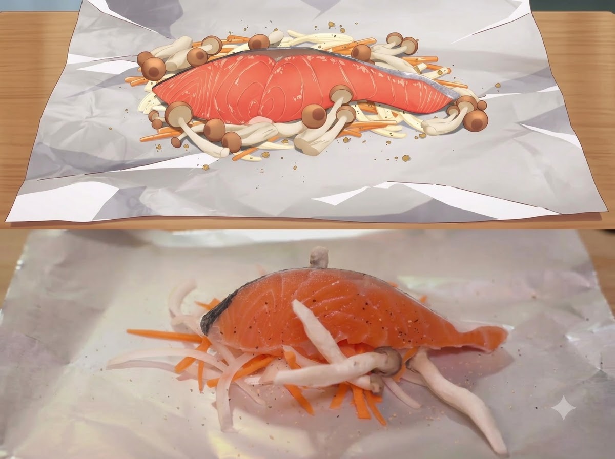 鮭の切り身の上に小さなバターのかたが乗っているところ。