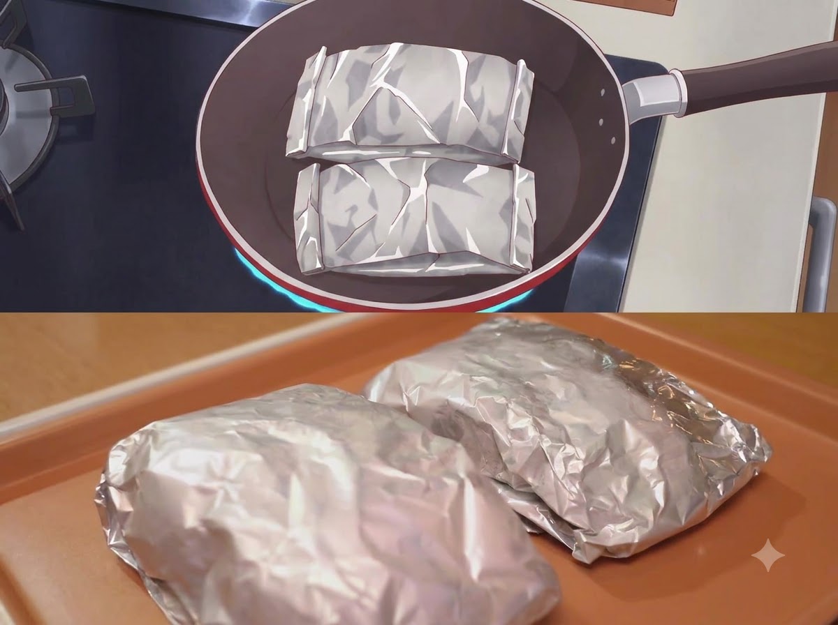フライパンやトレイの上に置かれた、端がしっかりと密閉された2つのホイル包み。