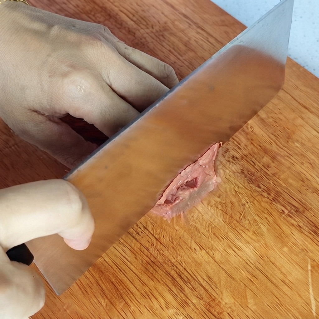 木製のまな板の上で、包丁を使って牛肉の塊を細かく刻んでいる手元。