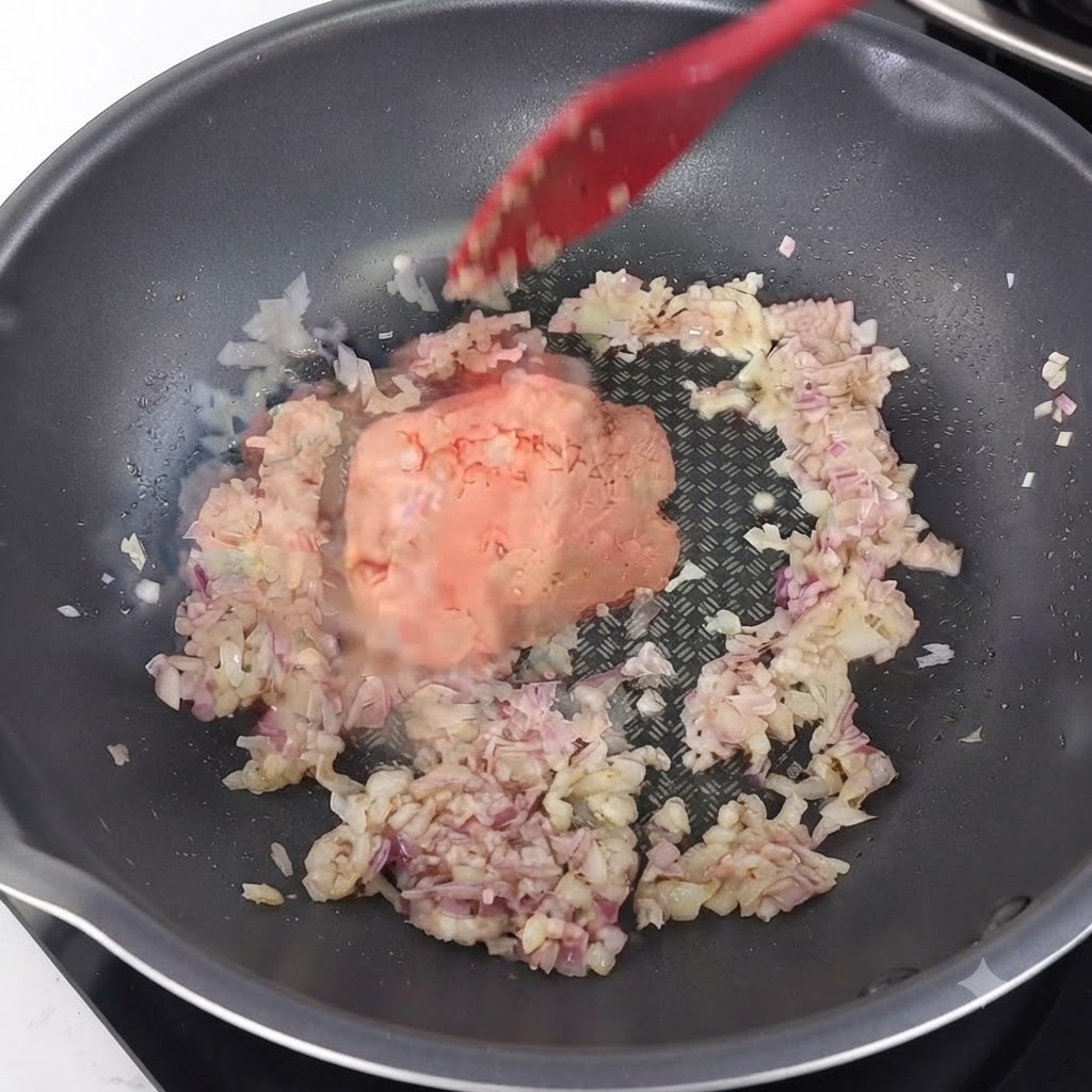 熱した中華鍋の中で、赤色のシリコンヘラを使って炒めた玉ねぎにひき肉の塊を混ぜ合わせている様子。