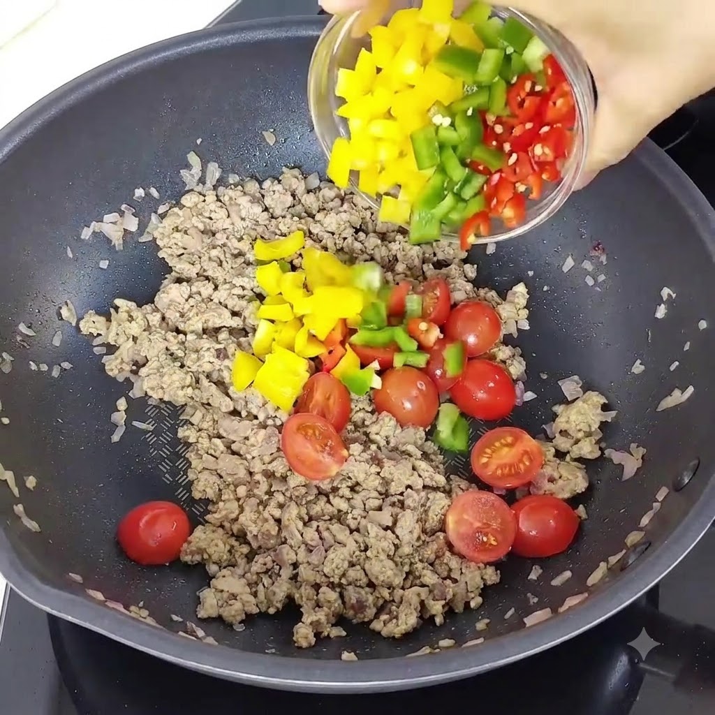 中華鍋の中で火が通ったひき肉に、角切りの黄色と緑色のパプリカ、刻んだ赤パプリカ、半分に切ったチェリートマトを加えている様子。