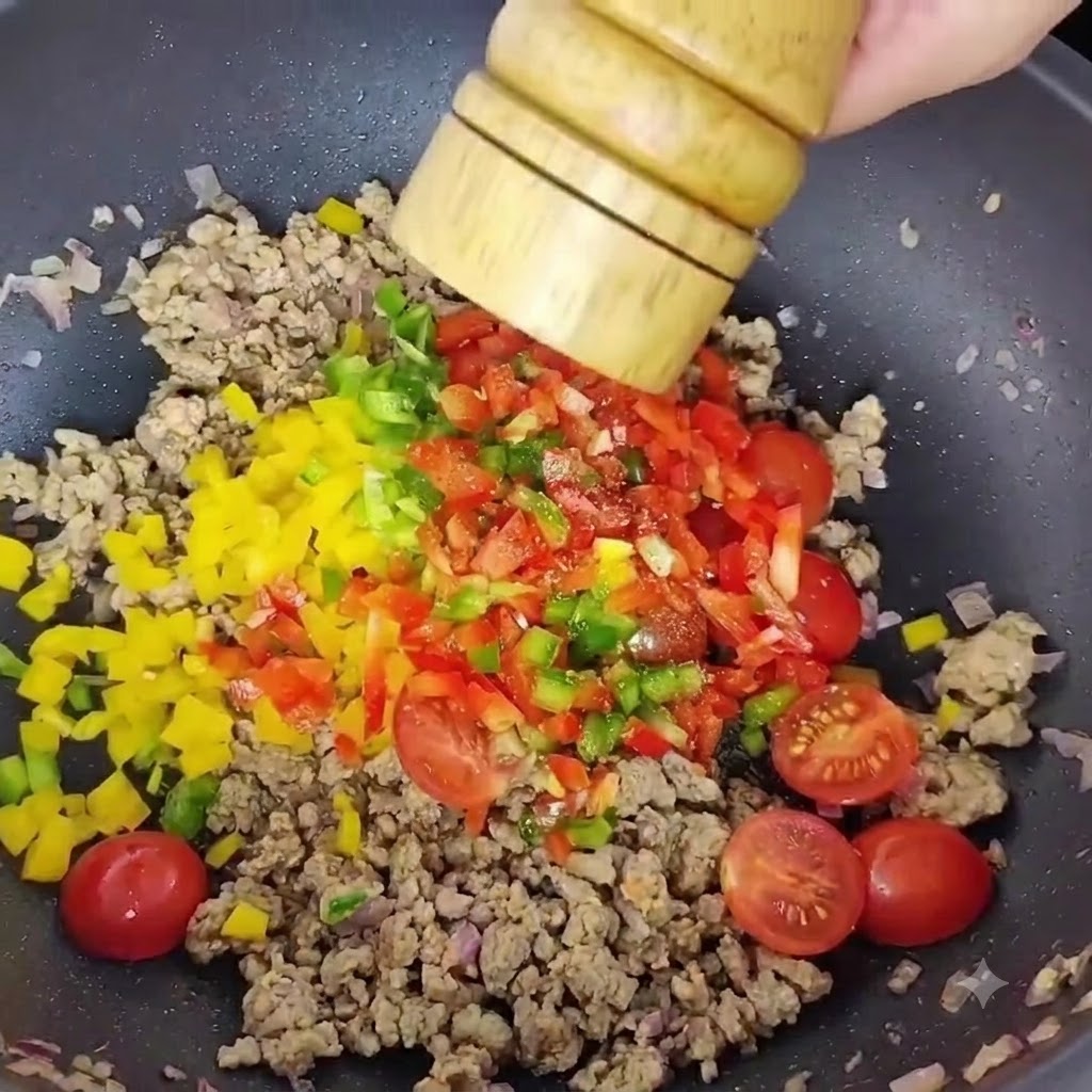 中華鍋の中の肉と野菜の上に、木製のペッパーミルから挽きたての黒こしょうを振りかけている様子。