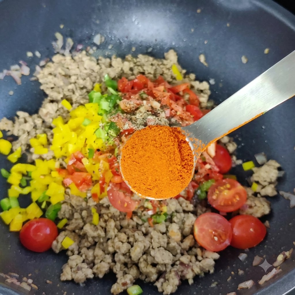 中華鍋の中の旨味たっぷりの肉と野菜の混合物の上に、金属製の計量スプーンですすった鮮やかな赤色のパプリカパウダーを乗せている様子。