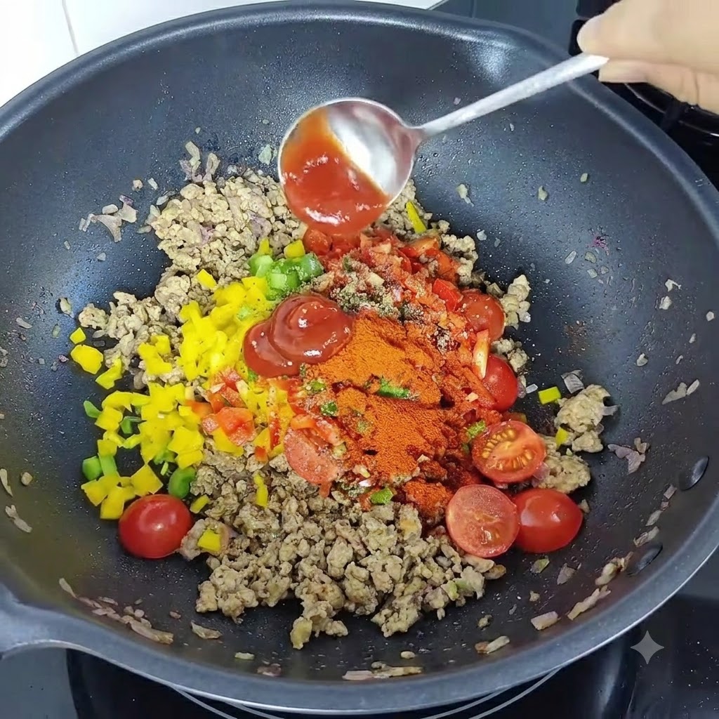 中華鍋の中の牛肉と野菜の炒め物に、ケチャップとスパイスを注ぎ入れて混ぜ合わせている様子。