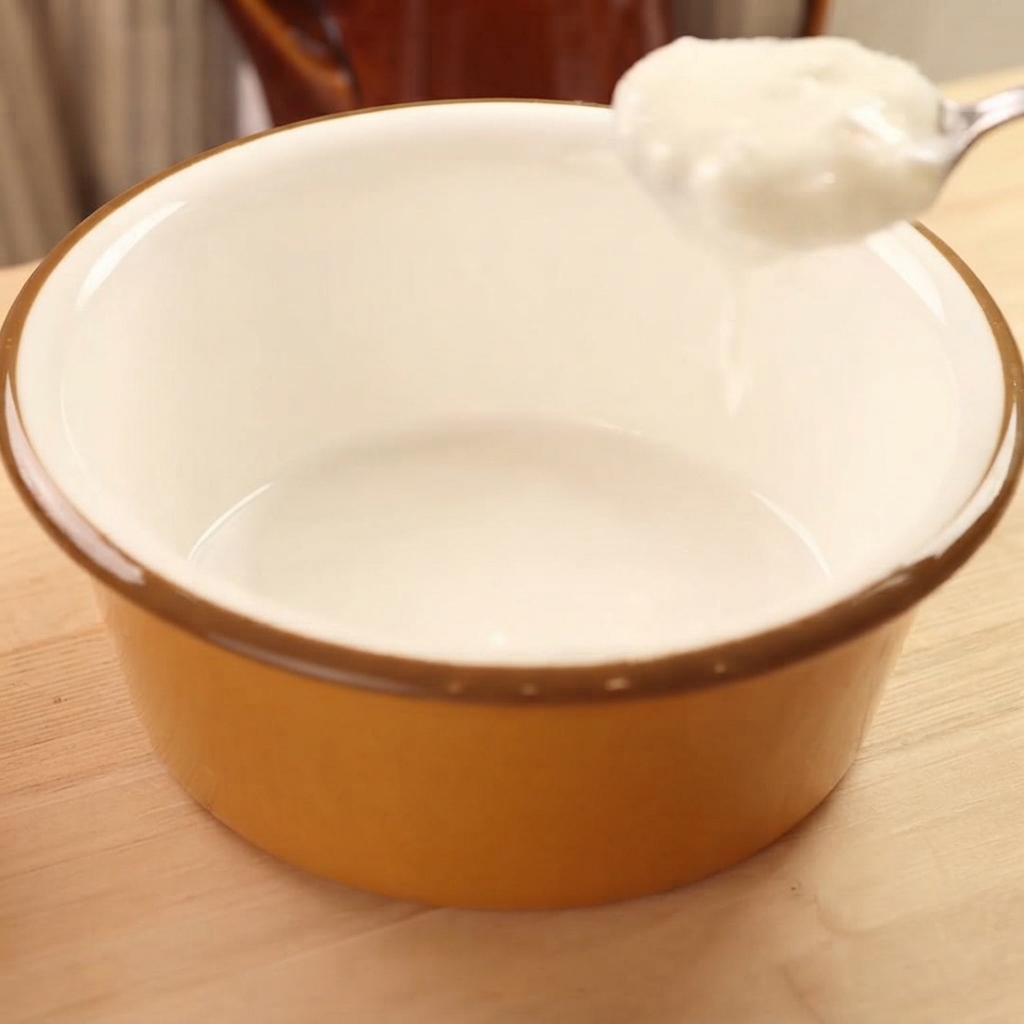 茶色の縁取りがある陶器のボウルに、白いヨーグルトのスプーン一杯が落とし込まれている様子。
