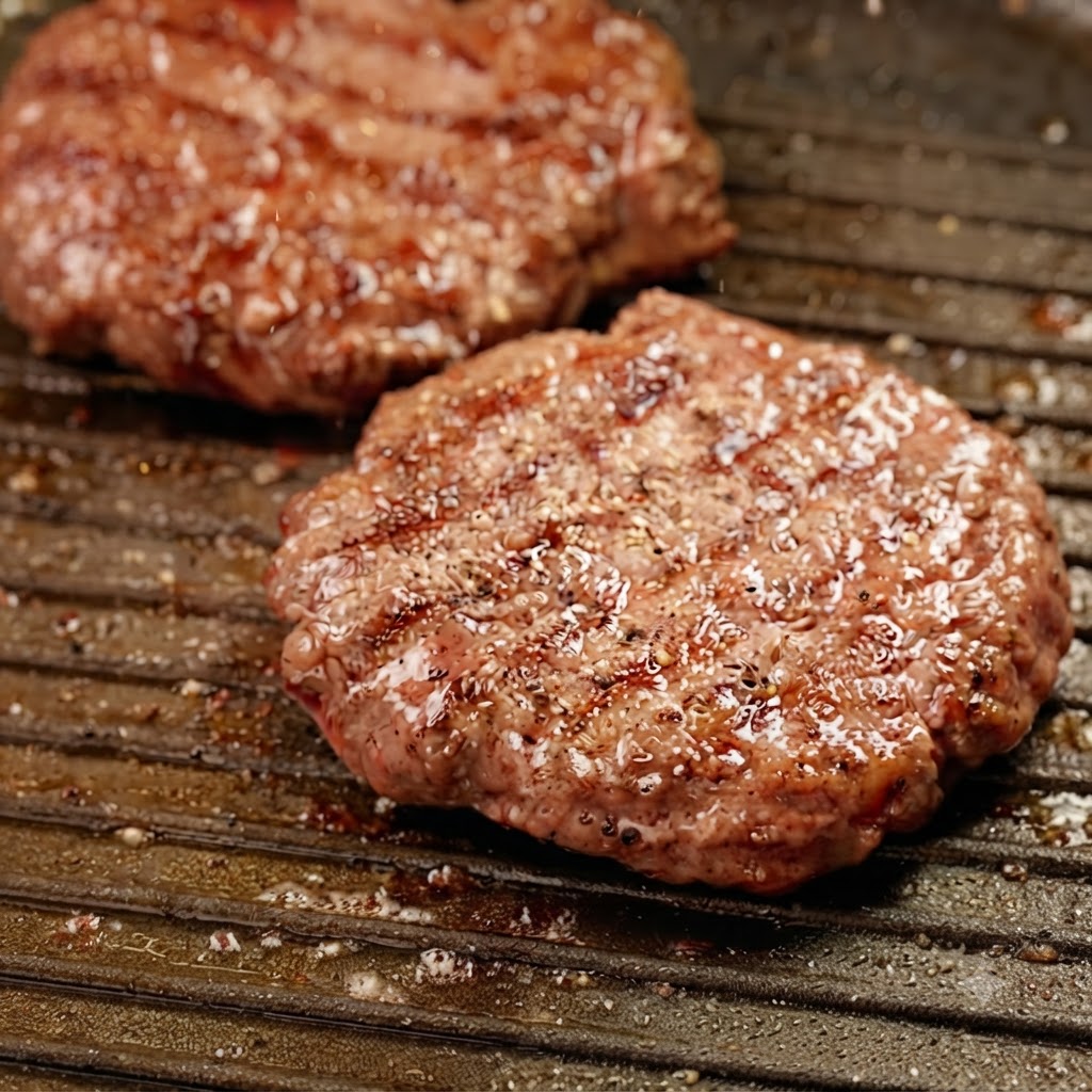 こしょうで味付けされながら、グリルパンの中でジューシーに焼けているビーフパティのクローズアップ。