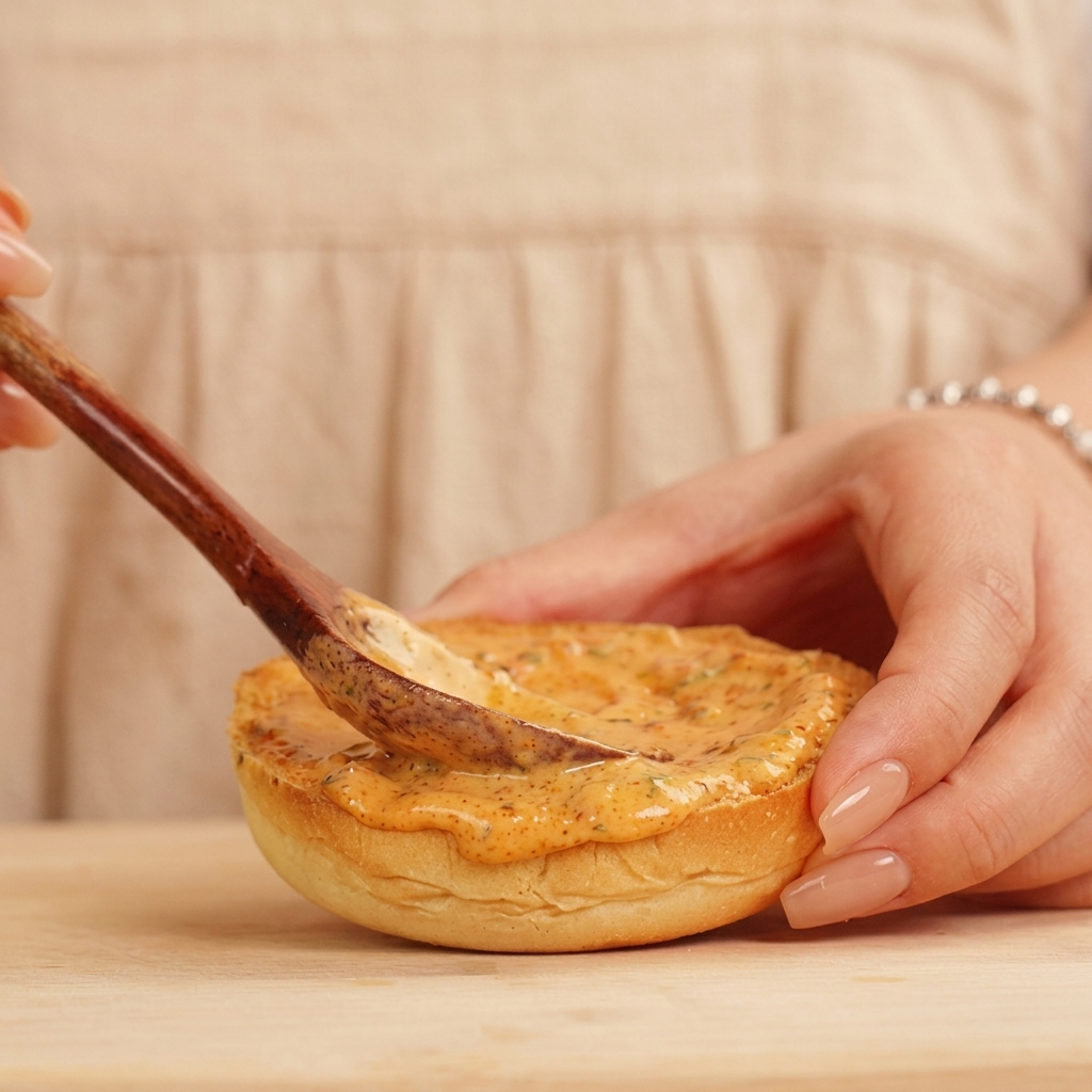 トーストしたバンズの片面に、木製のスプーンで旨味のあるオレンジ色のバーガーソースが塗り広げられている様子。