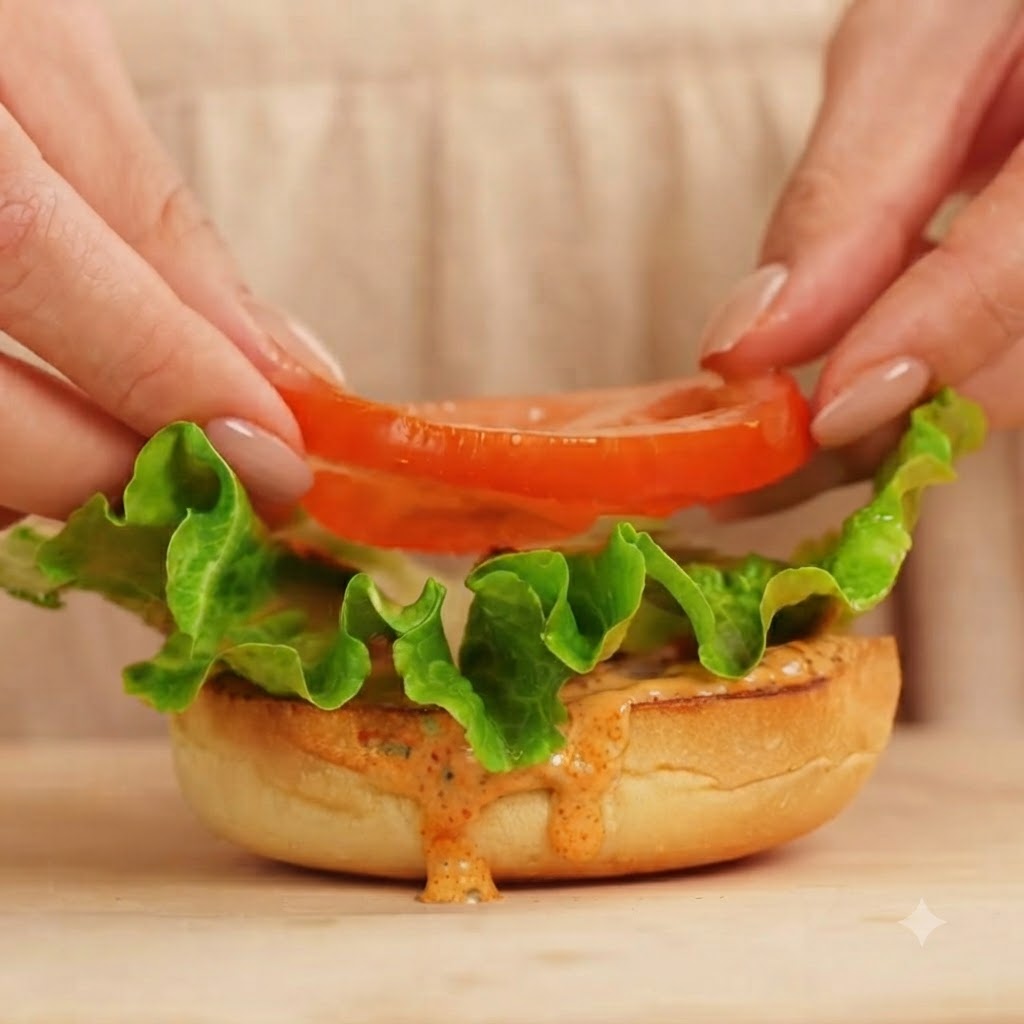 準備したバーガーバンズの上に、新鮮なレタスと赤く熟したトマトのスライスが重ねられている様子。
