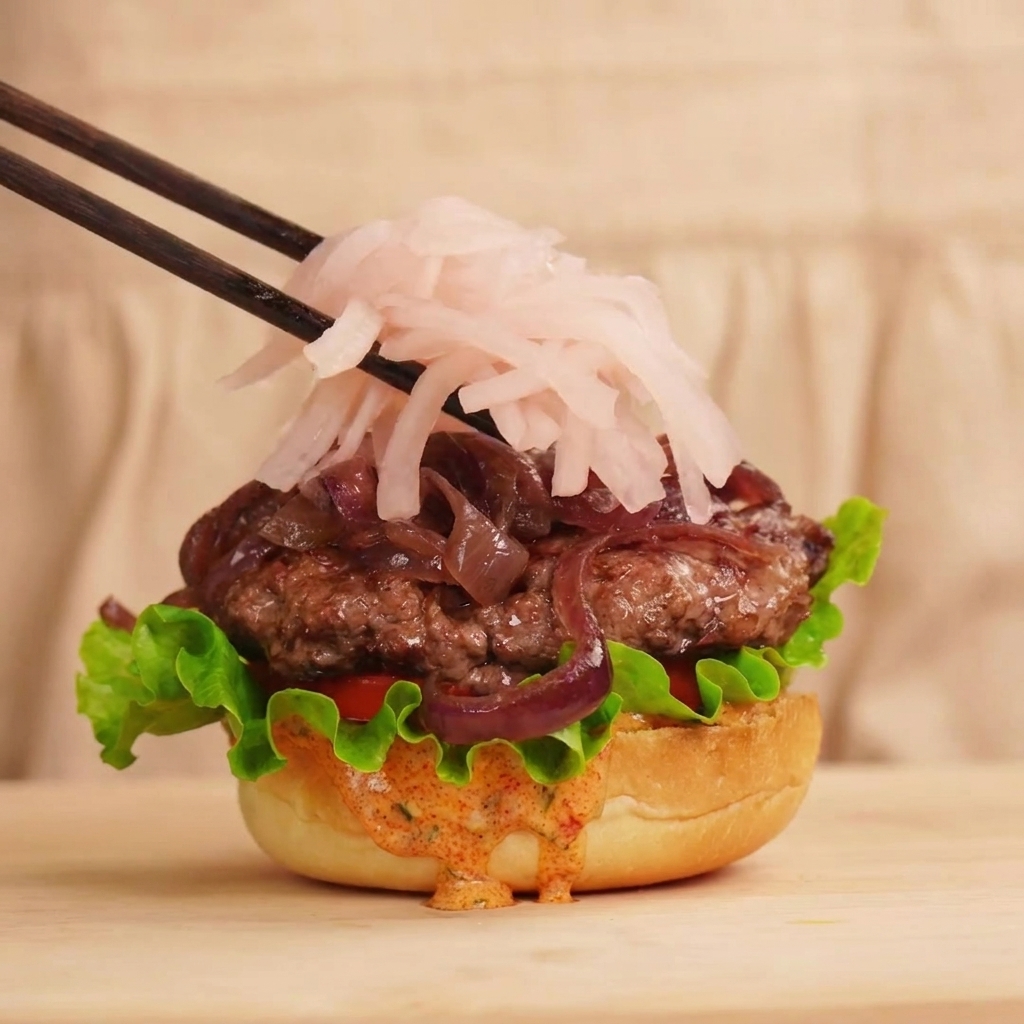 箸を使って、ピリ辛の大根漬けの細切りが積み上げられたバーガーの上に盛り付けられている様子。