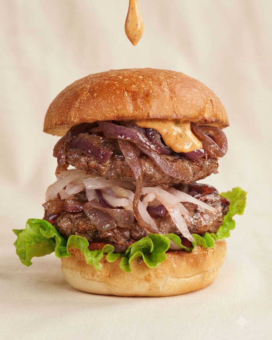 積み上げられたバーガーのトップバンズに向けて、上から旨味のあるバーガーソースがトロリとかけられている様子。