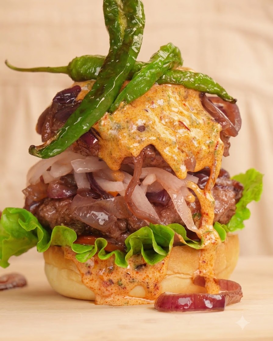 ボリュームのあるバーガーの上に、グリルした緑ピーマンとスライスした四川ソーセージがきれいに並べられている様子。