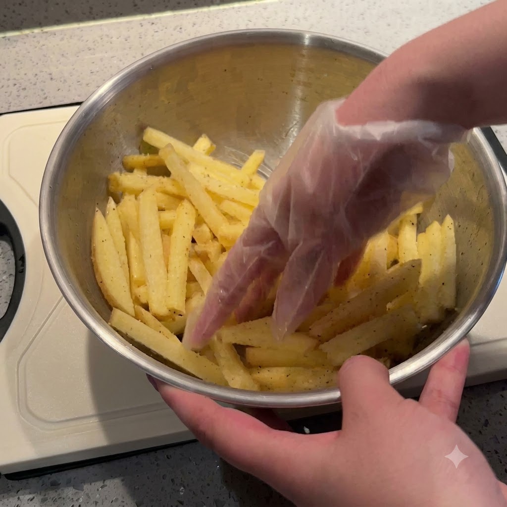 下味をつけたポテトスティックを、ミントグリーンのエアフライヤーバスケットに入れている様子。