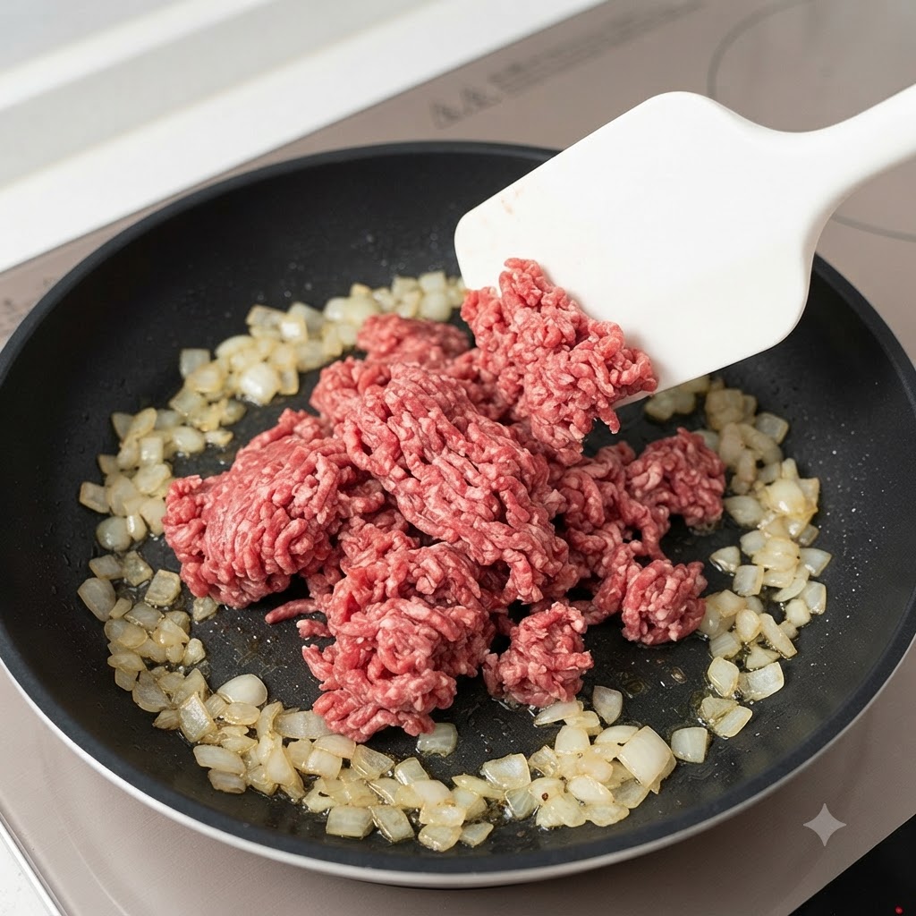 白いスパチュラを使い、タマネギの入ったフライパンに牛ひき肉を入れている様子。