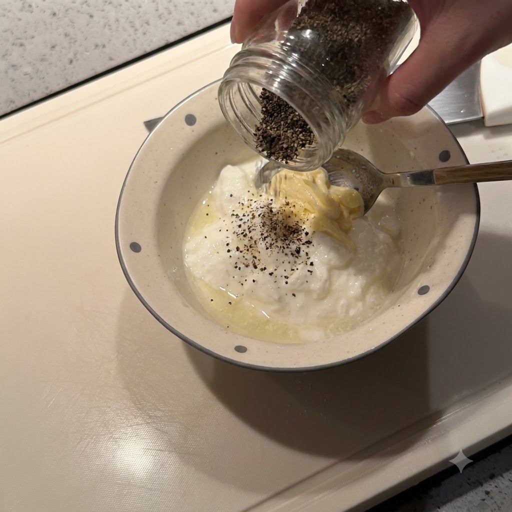 ヨーグルトとマヨネーズが入ったボウルに、黒こしょうなどの材料を加えている様子。