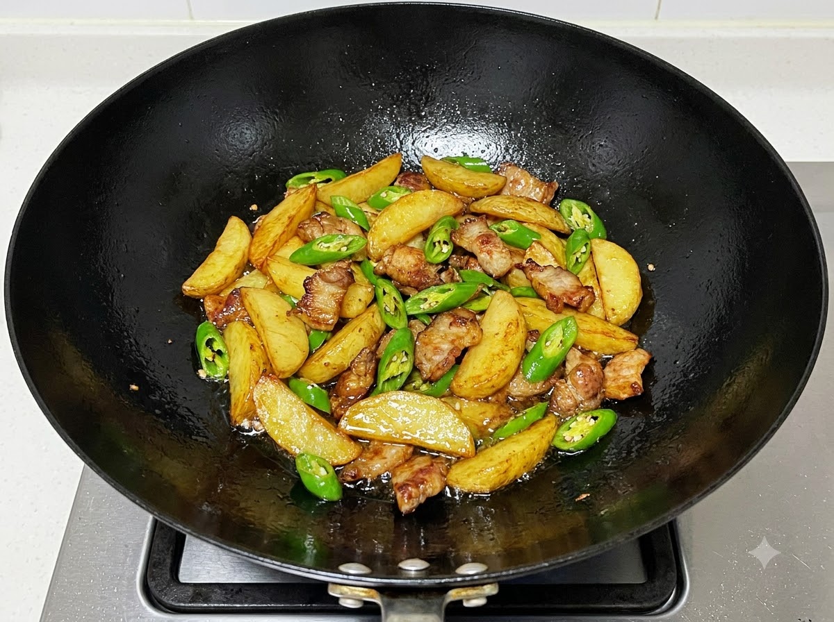 ジャガイモ、豚肉、ピーマンが入った完成した乾鍋が黒い中華鍋に収まり、提供の準備ができている様子。
