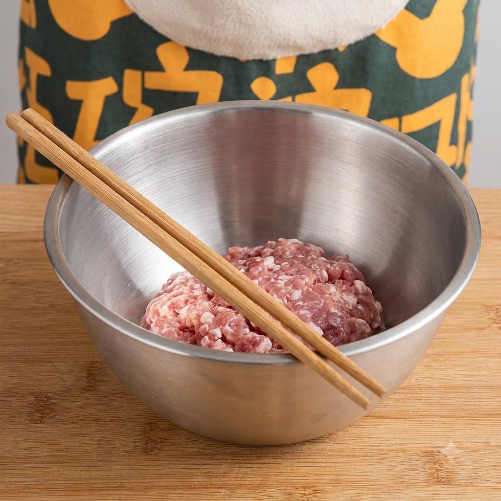 木の板の上に置かれた金属製のボウルに入った豚ひき肉と、その上に置かれた木製の箸。