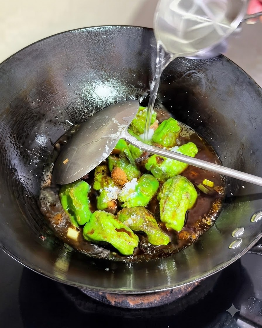 ピーマンと調味料が入った鍋にお玉で水を注いでいる様子