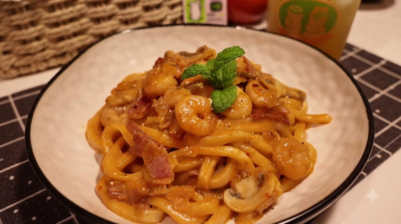エビとベーコンの濃厚スパイシーチーズうどん