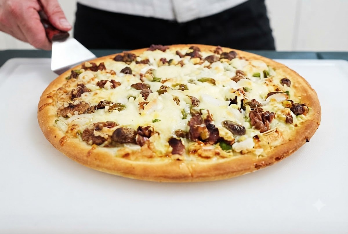 溶けたチーズとトーストしたナッツがのった、白いくつろぎのまな板の上にある焼き立ての甘いピザ。