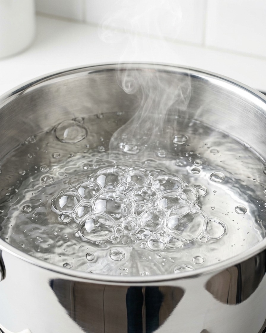 表面に激しい泡が立ち上る、沸騰したお湯で満たされた大きなステンレス製の寸胴鍋。