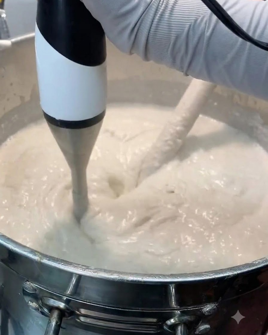 大きな金属製の鍋の中でハンドブレンダーが作動し、スープをクリーミーな白濁液へとブレンドしているところ。