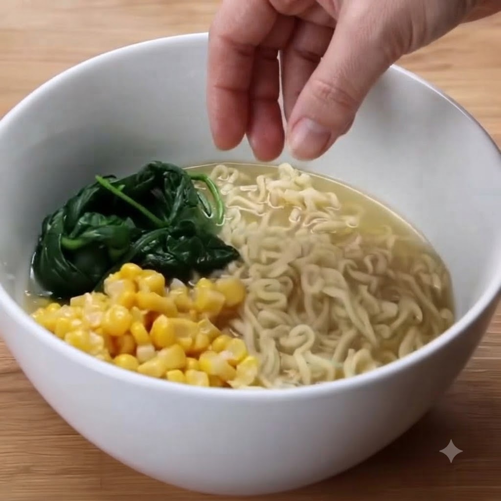 ラーメンの丼の中で、ソテーしたコーンの隣に手で調理済みのほうれん草の束を置いている様子。