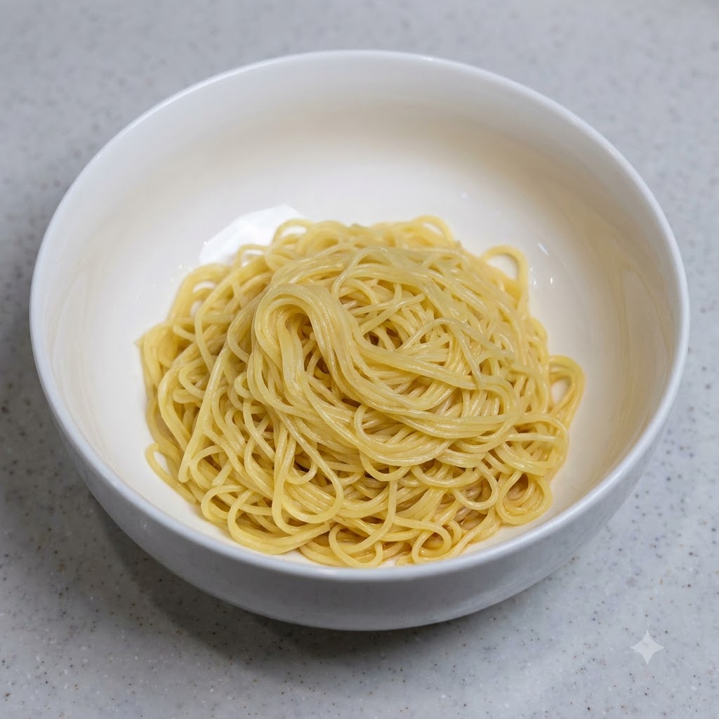 白いサービングボウルの中心に、綺麗に丸められ整えられた茹で上がりの黄色い麺。